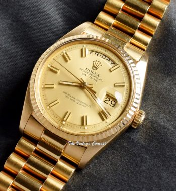 Rolex Day-Date 18K Yellow Gold Champagne Wideboy Dial 1803 (SOLD) - The Vintage Concept