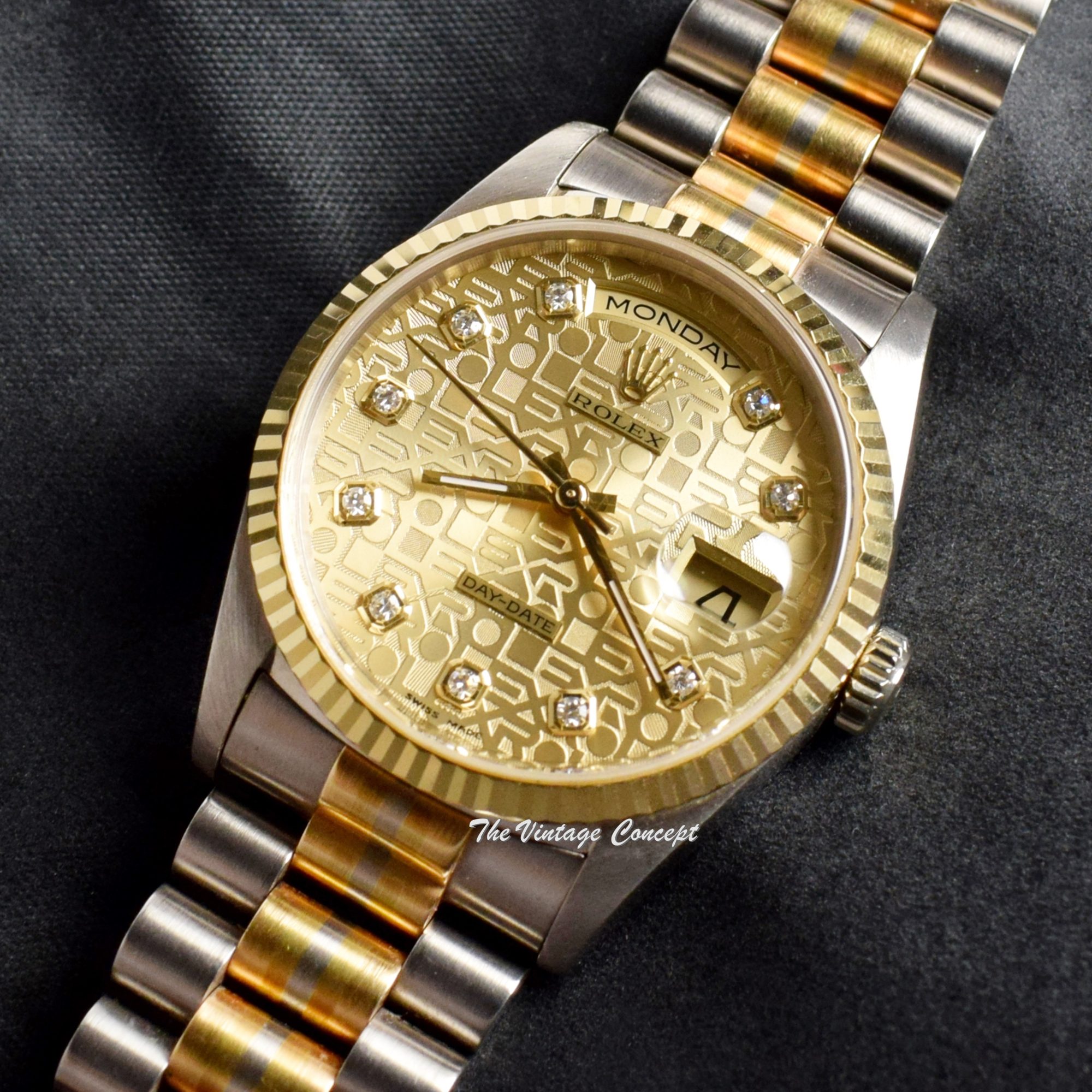 Rolex Day-Date Tridor 18K Gold Champagne Jubilee Dial w/ Diamond Indexes 18239B & Original Paper - The Vintage Concept