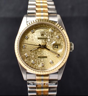 Rolex Day-Date Tridor 18K Gold Champagne Jubilee Dial w/ Diamond Indexes 18239B & Original Paper - The Vintage Concept