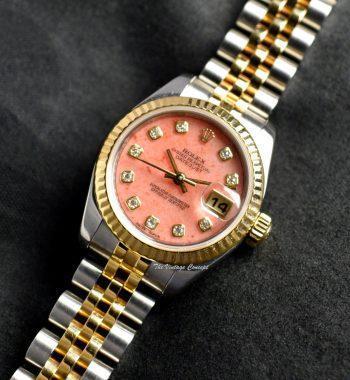Rolex Lady Datejust Yellow Gold & Steel Coral Stone Dial Diamond Indexes 179173 w/ Guarantee Card (SOLD) - The Vintage Concept