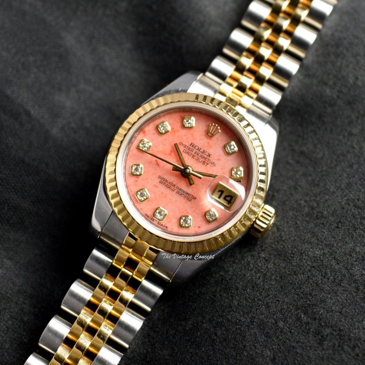 Rolex Lady Datejust Yellow Gold & Steel Coral Stone Dial Diamond Indexes 179173 w/ Guarantee Card  (SOLD)