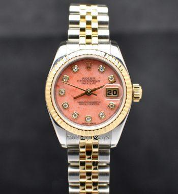 Rolex Lady Datejust Yellow Gold & Steel Coral Stone Dial Diamond Indexes 179173 w/ Guarantee Card (SOLD) - The Vintage Concept