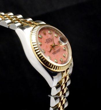 Rolex Lady Datejust Yellow Gold & Steel Coral Stone Dial Diamond Indexes 179173 w/ Guarantee Card (SOLD) - The Vintage Concept