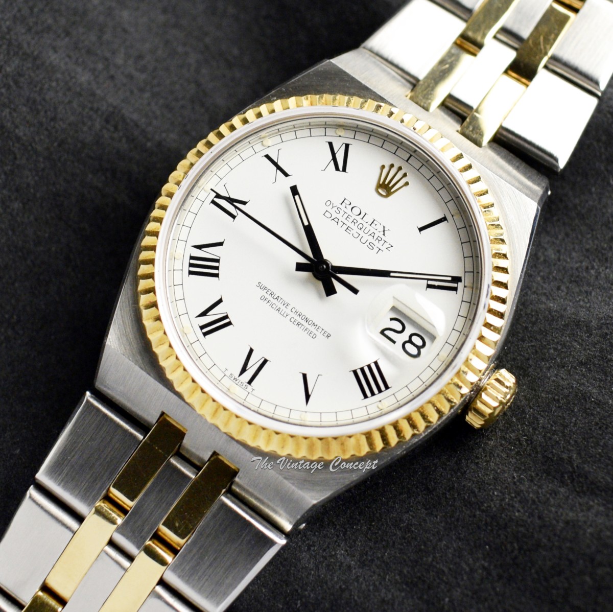 Rolex Datejust Oysterquartz Two-Tone Yellow Gold & Steel White Dial Roman Indexes 17013 (SOLD)