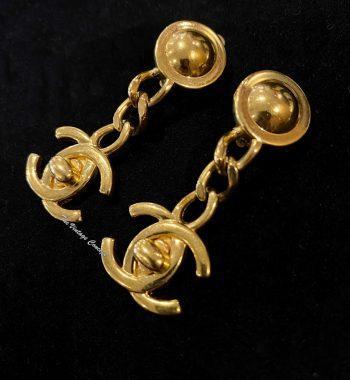 Chanel Gold Tone Chain Dangle Turn Lock CC Logo Clip Earrings 96A