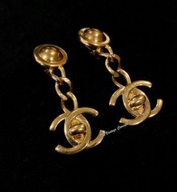 Chanel Gold Tone Chain Dangle Turn Lock CC Logo Clip Earrings 96A - The Vintage Concept