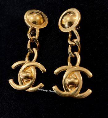 Chanel Gold Tone Chain Dangle Turn Lock CC Logo Clip Earrings 96A - The Vintage Concept