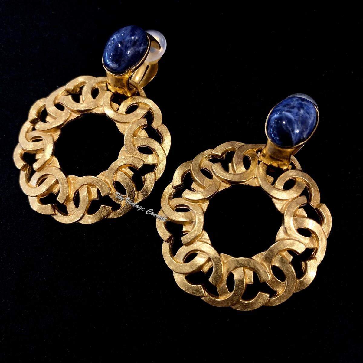 Chanel Gold Tone Lapis Stone CC Logo Hoop Clip Earrings 95A