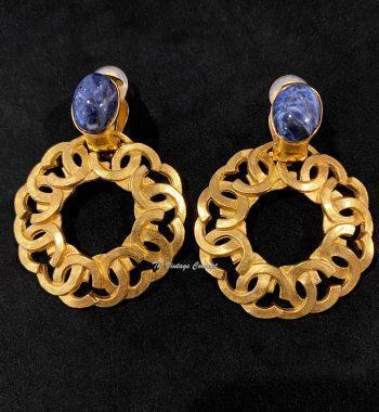 Chanel Gold Tone Lapis Stone CC Logo Hoop Clip Earrings 95A (SOLD) - The Vintage Concept