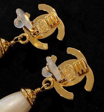Chanel Gold Tone Turn Lock CC Logo Dangle Faux Pearl Clip Earrings 96A (SOLD) - The Vintage Concept