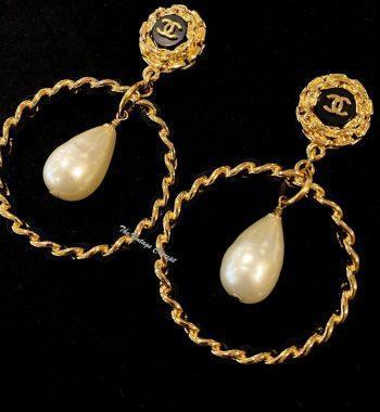 Chanel Gold Tone Dangle Faux Pearl Chunky Leather Hoop Clip Earrings 95A