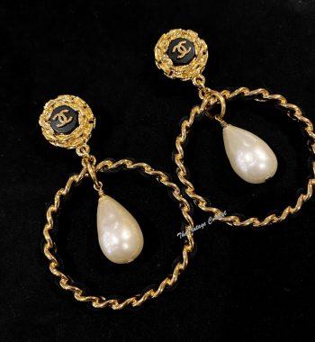 Chanel Gold Tone Dangle Faux Pearl Chunky Leather Hoop Clip Earrings 95A (SOLD) - The Vintage Concept