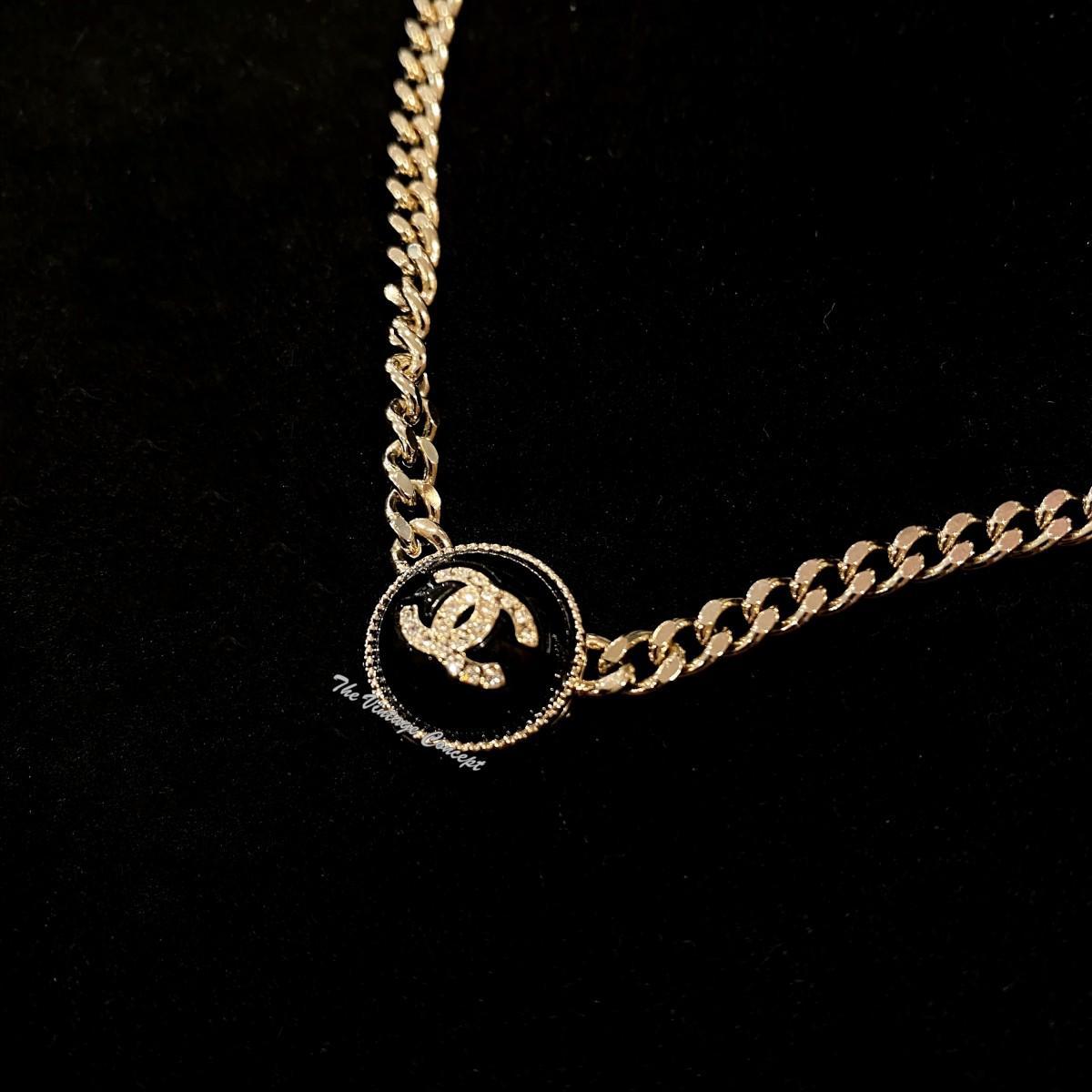 Chanel NEW Gold Tone Small Black Onyx Rhinestone CC Logo Choker Necklace A22C (SOLD)