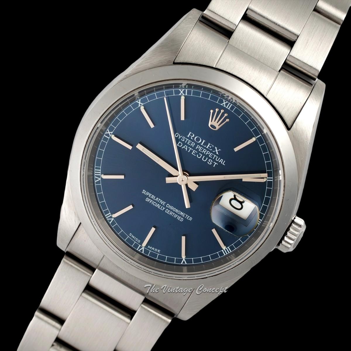 Rolex Steel Oyster Perpetual Datejust Blue Dial 16200 w/ Original Paper & Tag