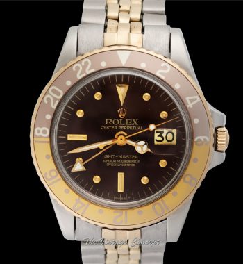 Rolex GMT-Master Two-Tone Yellow Gold & Steel Brown Nipple Dial 1675 w/ Original Paper & Purchase Invoice - The Vintage Concept