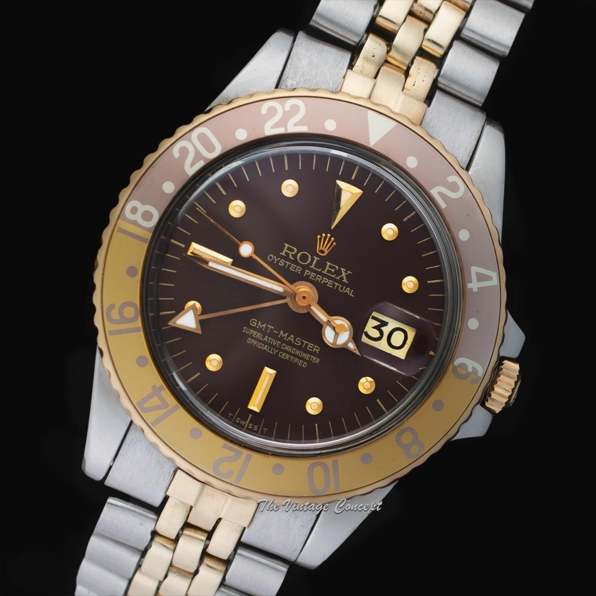 Rolex GMT-Master Two-Tone Yellow Gold & Steel Brown Nipple Dial 1675 w/ Original Paper & Purchase Invoice
