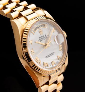 Rolex Day-Date 18K Yellow Gold Mother of Pearl Roman Indexes 18238 (Box Set) (SOLD) - The Vintage Concept