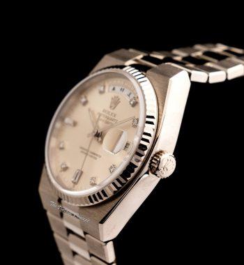Rolex Day-Date Oysterquartz 18K White Gold Silver Dial Diamond Indexes 19019 - The Vintage Concept