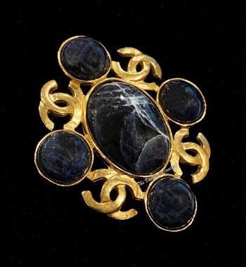 Chanel Gold Tone Lapis Stone CC Logo Brooch 95A - The Vintage Concept