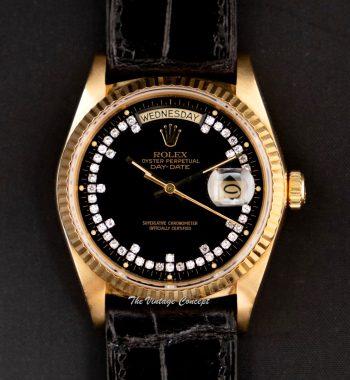 Rolex Day-Date 18K Yellow Gold Black String Dial w/ Diamond 18038 (SOLD) - The Vintage Concept