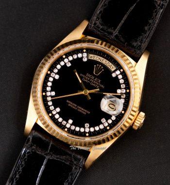 Rolex Day-Date 18K Yellow Gold Black String Dial w/ Diamond 18038