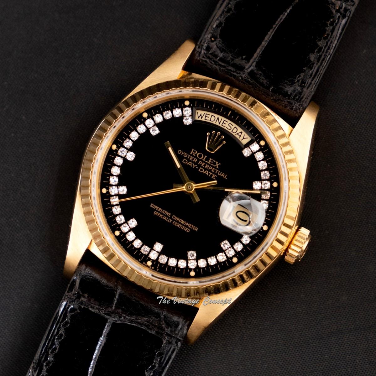 Rolex Day-Date 18K Yellow Gold Black String Dial w/ Diamond 18038 (SOLD)