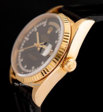 Rolex Day-Date 18K Yellow Gold Black String Dial w/ Diamond 18038 (SOLD) - The Vintage Concept