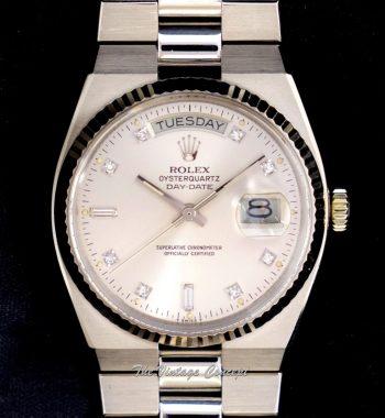 Rolex Day-Date 18K WG White Gold Oysterquartz Silver Dial Diamond Indexes 19019 (SOLD) - The Vintage Concept