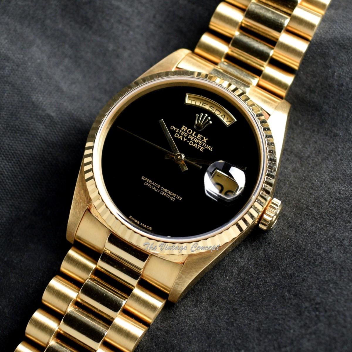 Rolex Day-Date 18K Yellow Gold Onyx Natural Stone Dial 18238 with Original Paper