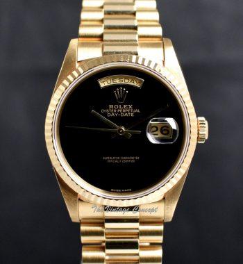 Rolex Day-Date 18K Yellow Gold Onyx Natural Stone Dial 18238 with Original Paper - The Vintage Concept