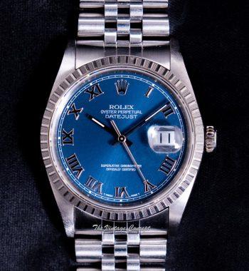 Rolex Steel Oyster Perpetual Datejust Blue Roman Indexes Dial 16220 w/ Original Paper (SOLD) - The Vintage Concept