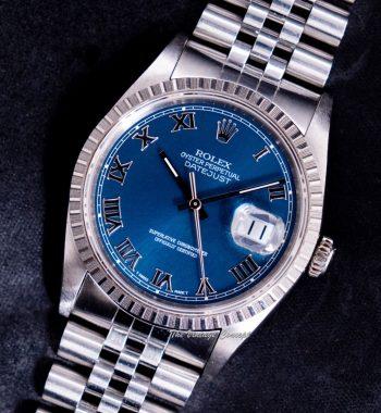 Rolex Steel Oyster Perpetual Datejust Blue Roman Indexes Dial 16220 w/ Original Paper