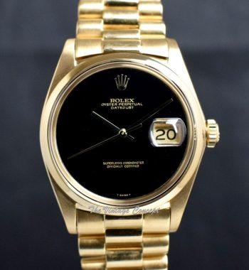 Rolex Datejust 18K Yellow Gold Onyx Dial 1600/8 w/ President Bracelet & Rolex Service Record (SOLD) - The Vintage Concept