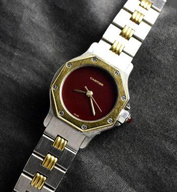 Cartier Ladies Santos Octagon 24mm Two-Tone 18K Yellow Gold & Stainless Steel Burgundy Dial Automatic 0907