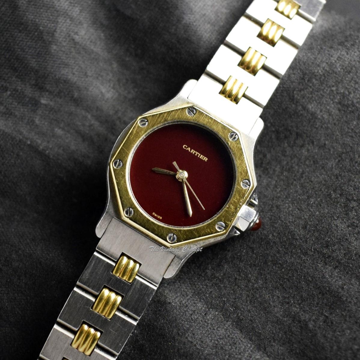 Cartier Ladies Santos Octagon 24mm Two-Tone 18K Yellow Gold & Stainless Steel Burgundy Dial Automatic 0907