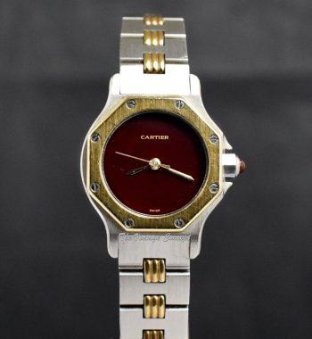 Cartier Ladies Santos Octagon 24mm Two-Tone 18K Yellow Gold & Stainless Steel Burgundy Dial Automatic 0907 - The Vintage Concept