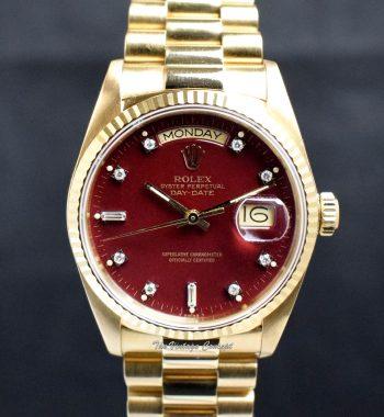 Rolex Day-Date 18K YG Stella Oxblood Dial w/ Diamond Indexes 18038 (SOLD) - The Vintage Concept