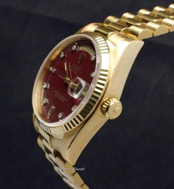 Rolex Day-Date 18K YG Stella Oxblood Dial w/ Diamond Indexes 18038 (SOLD) - The Vintage Concept