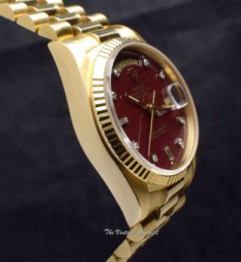 Rolex Day-Date 18K YG Stella Oxblood Dial w/ Diamond Indexes 18038 (SOLD) - The Vintage Concept