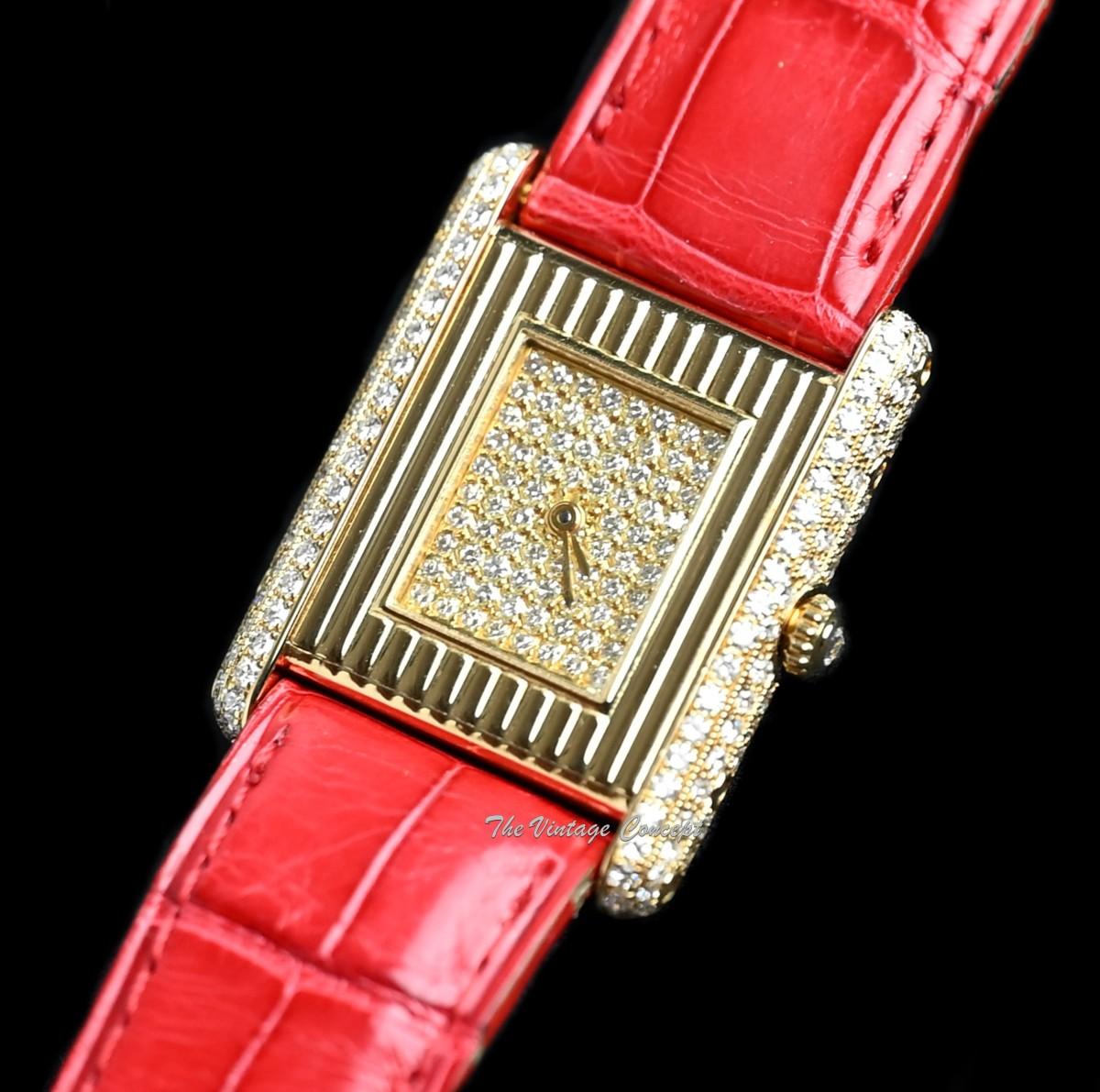 Vintage Cartier 18K Yellow Gold Tank Louis Pave Diamond Dial Quartz w/ Service Paper