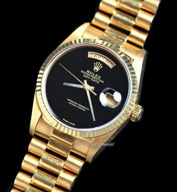 Rolex Day-Date 18K Yellow Gold Onyx Dial 18238 w/ Box, Booklet and Red Leather Pocket