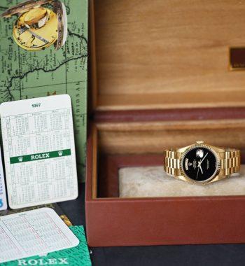 Rolex Day-Date 18K Yellow Gold Onyx Dial 18238 w/ Box, Booklet and Red Leather Pocket - The Vintage Concept