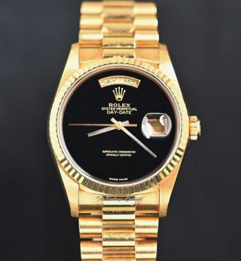 Rolex Day-Date 18K Yellow Gold Onyx Dial 18238 w/ Box, Booklet and Red Leather Pocket - The Vintage Concept