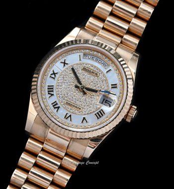 Rolex Day-Date 18K Yellow Gold Diamond Paved MOP Dial Roman Indexes 118238