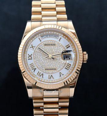 Rolex Day-Date 18K Yellow Gold Diamond Paved MOP Dial Roman Indexes 118238 - The Vintage Concept