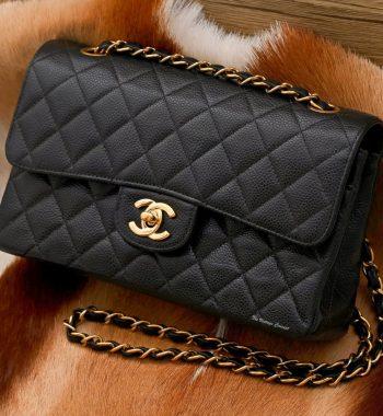 Chanel 23 Grained Calfskin Black Gold de class Double Flap & Chain w/Card