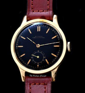 Rolex Chronometer 18K YG Black Glossy Gilt Dial Manual Wind 2582 - The Vintage Concept